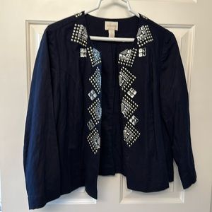 Chico’s Navy blue blazer with grommet/silver mirrored detail. Size 2.